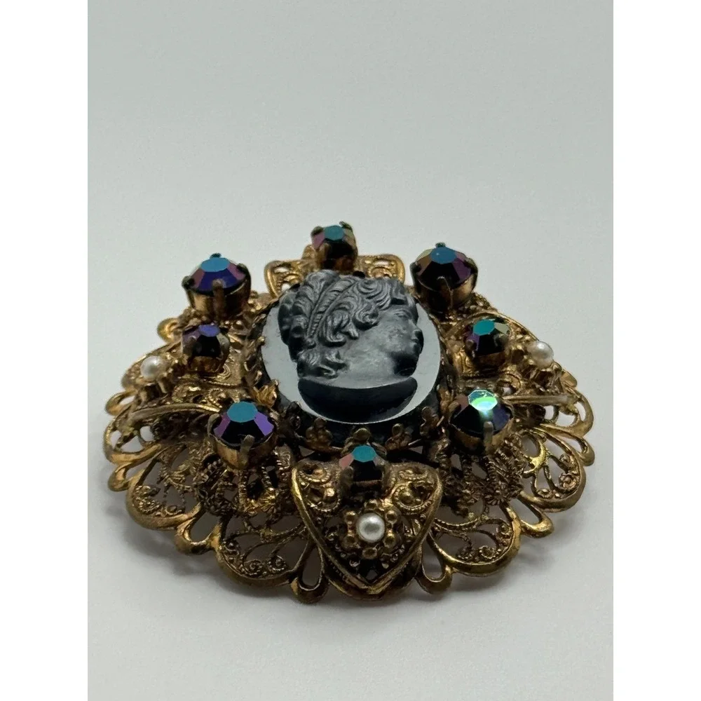 Vintage West Germany Cameo Brooch AB Rhinestone Faux‎ Pearl Filigree Brooch